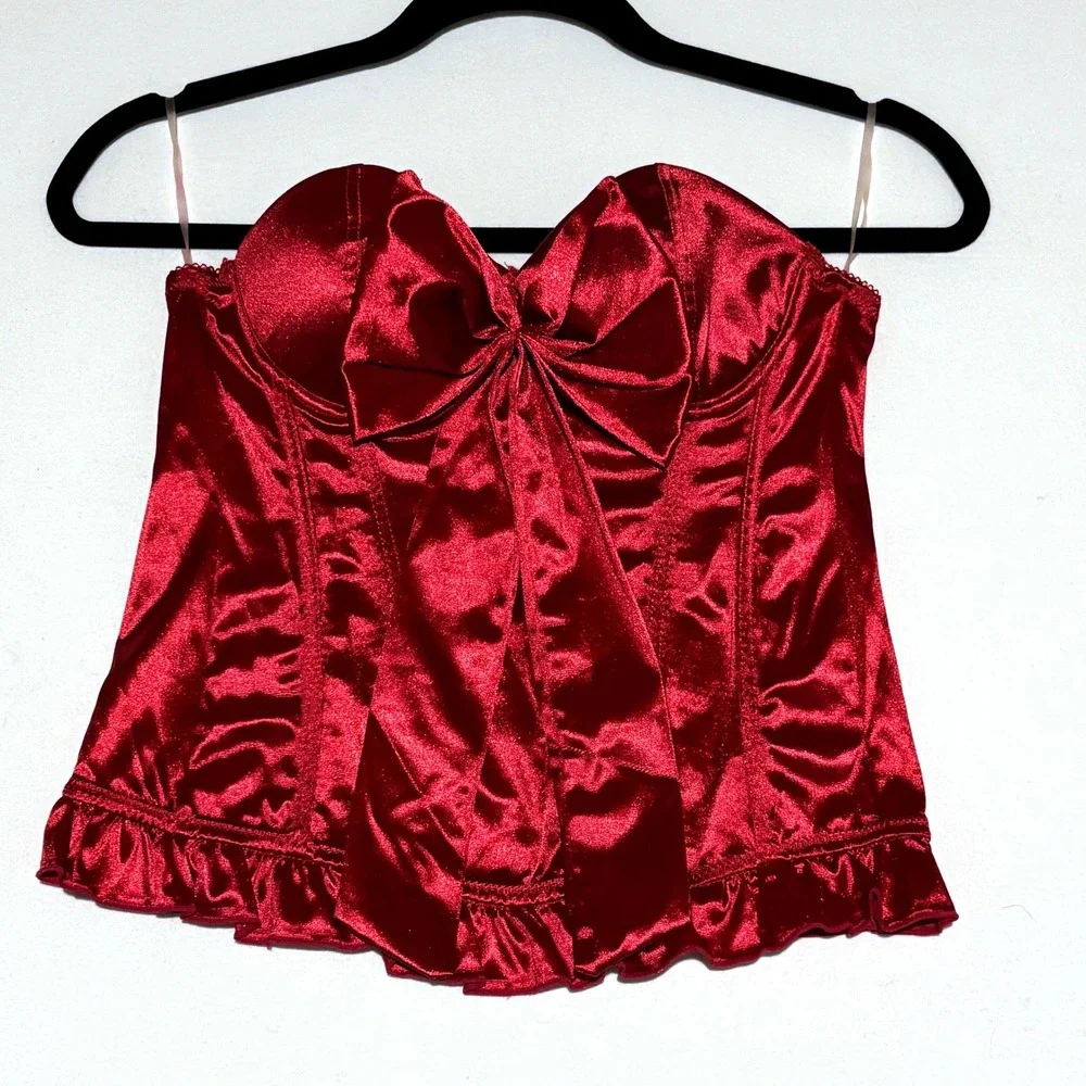 Body Central Native Red Satin Corset‎ Bustier Boned Ruffle Trim Women's 34B Sexy